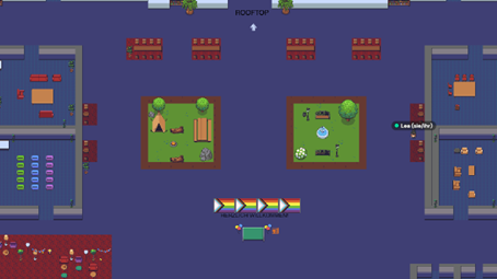 Figure 5 shows a screenshot of the main lobby in Gather.town. The floor is dark purple. In the lower half of the lobby, a warm welcome is written in the middle, underlined with a rainbow as an allusion to the LGTBQIA+ communities. Above this welcome message you can see two green squares with a brown border. They symbolize a campaigning area as an allusion to the BarCamp method. On the green areas, which are supposed to represent a meadow, there is a tent, a fountain, trees or benches. On the right and left of the screenshot you can see other rooms that can be used for the sessions. At the top of the image is an arrow with the description Rooftop and four smaller areas with tables and armchairs that can be used while waiting for the BarCamp to start.