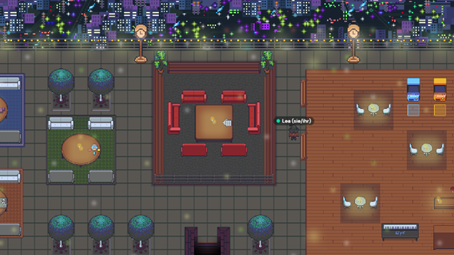 Figure 6 shows a screenshot of the rooftop terrace in Gather.town. In the right part of the screenshot, you can see an arcade with a brown wooden floor. In the arcade there are two slot machines, one orange and one light blue, as well as a piano. You can also see three small round grey tables, each with two chairs. There are tea lights on the tables. The central to left part of the picture shows a grey tiled floor with other separate areas. In the centre of the screenshot is a large square brown table with six red sofas around it. On the table are various smaller games such as Sudoku. On the right edge of the picture, you can see a large round brown table with four white couches around it. There are also small games reminiscent of poker on the table. In the background of the rooftop terrace you can see a pixelated city with skyscrapers and lights. It is painted in black and purple. There are also six mid-blue trees on the terrace, whose crowns have been cut into a round shape, as well as two large brown grandfather clocks.