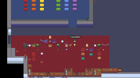 Figure 7 shows a screenshot of the tool Gather.town. You can see the main lobby which has a dark red carpet. In the lower part of the screenshot you can see brown boxes on which food, drinks and decorations in the form of flower arrangements and tea lights can be found. The depiction of the individual objects is very pixelated and is reminiscent of computer games from the 1980s. There are various floor lamps and other plants on the red carpet, as well as a red couch, two purple and two red armchairs. There are also five small round tables, two of which also have tea lights on them. There are also lanterns and small flags hanging from the ceiling. In the middle of the screenshot, you can see Lea's avatar as well as her name and pronouns.